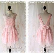 A Party Dress - V Shape Style New Back Strap Design - Cocktail Prom Party Wedding Bridesmaid Dinner Dress Light Pink Roses Lace