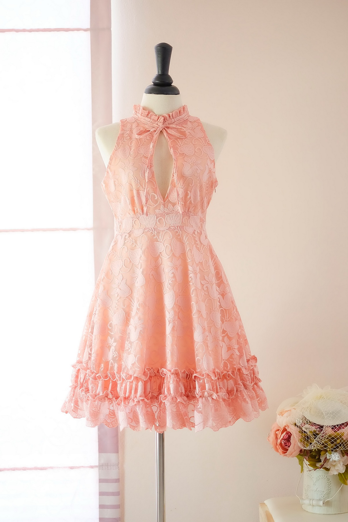Handmade Dress Marry Sundress Peach Dress Peach Lace Dress Lace Party Dress Prom Dress Peach Bridesmaid Dress Peach Lace Cocktail Dress