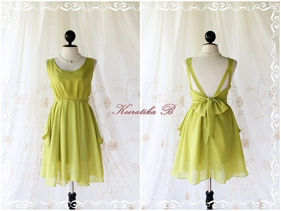 A Party - Cocktail Prom Party Dinner Wedding Night Bridesmaid Dress Lime Lemon Green Deep Back Bow Tie Gorgeous Dress