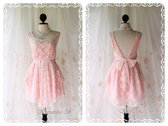 A Party Dress - V Shape Style Back Strap Design - Cocktail Prom Party Wedding Bridesmaid Dinner Dress Light Pink Roses Lace