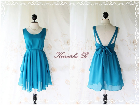 A Party V Shape - Cocktail Prom Party Dinner Wedding Night Dress Turquoise Yale Blue Lined Deep Back Bow Tie Natural Sexy Charming Looks
