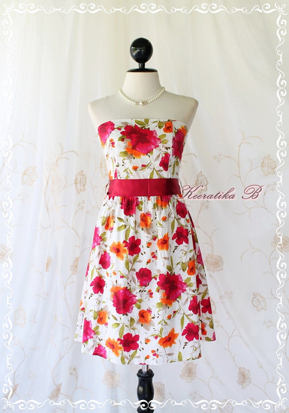 Floral Party - Sweet Glamorous Gorgeous Cotton Strapless Dress Floral Printed With Burgundy Sash Cocktail Prom Dinner Wedding Dress