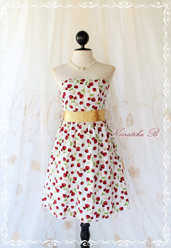 Floral Party - Sweet Glamorous Gorgeous Cotton Strapless Dress Strawberry Printed With Golden Sash Cocktail Prom Dinner Wedding Dress