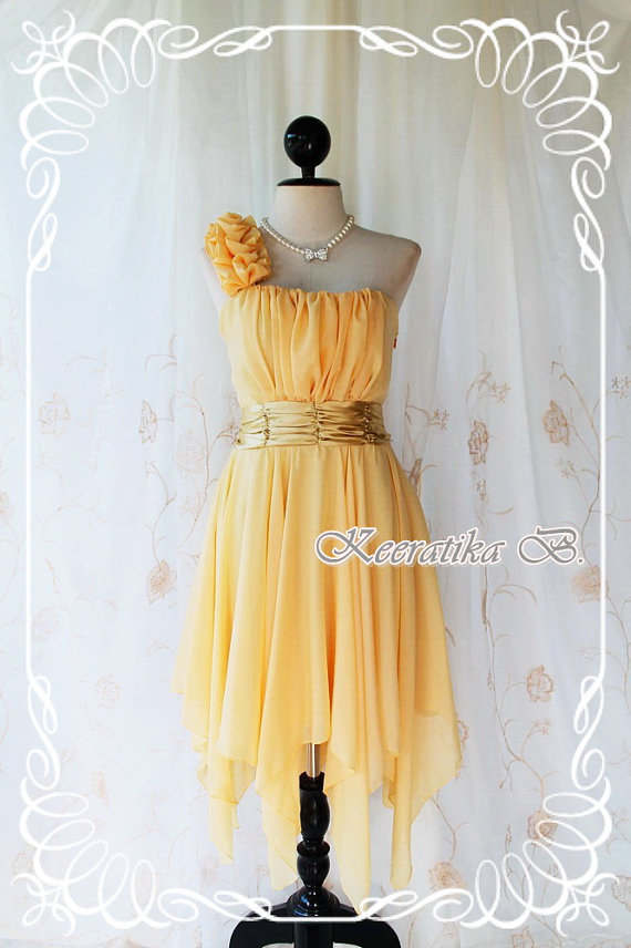 Juliet's Party - Sun Flower Yellow Cocktail Dress One Shoulder Strap Pleated Top Asymmetric Sharp Hem Prom Party Wedding Bridesmaid M-l