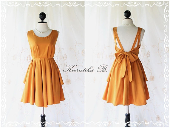 A Party V Shape Style - Cocktail Prom Party Dinner Wedding Night Dress Mustard Yellow Full Lined Deep Back Bow Tie Sexy Charming Looks