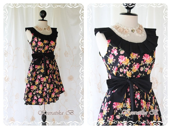 Floral Time - Sweet Cutie Floral Cotton Dress Vintage Inspired Black Pleated Collar With Floral Print Xs-s