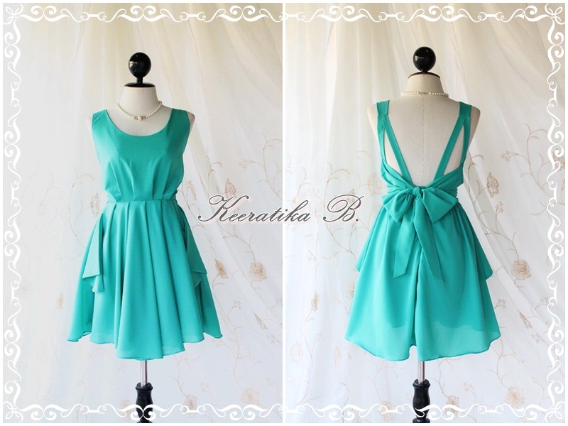 A Party V Shape - Cocktail Prom Party Dinner Wedding Night Backless Dress Mint Blue Full Lined Back Bow Tie Sexy Charming Looks