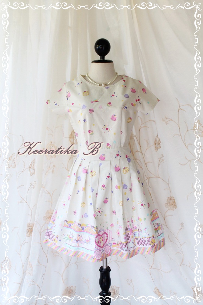 Sweet Spring Time - Spring Summer Collection Sweet And Cutie Fairyland Print Cotton Party Dress Pale Ivory Pinkish Print
