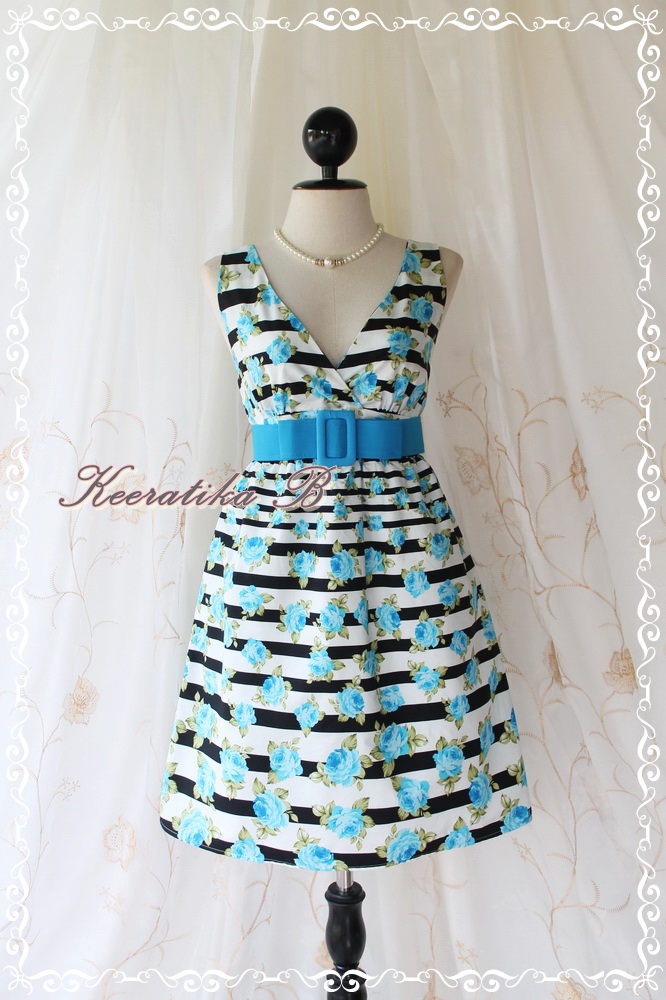 Miss Floral - Stripe And Roses Print Spring Summer Sundress Elegant Party Beach Tropical Dress S-m