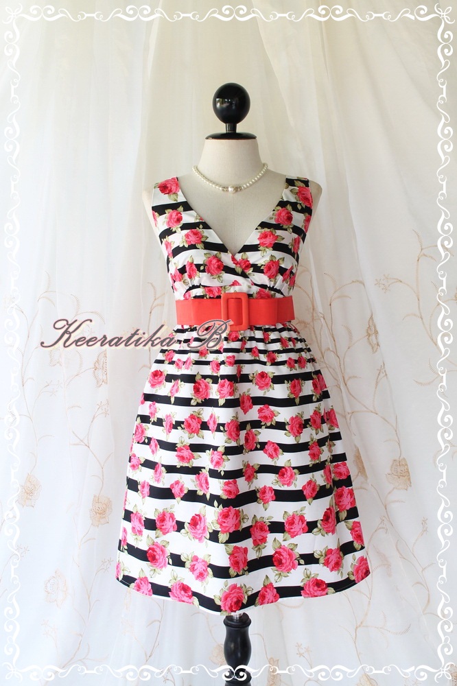 Miss Floral - Stripe And Roses Print Spring Summer Sundress Elegant Party Beach Tropical Dress S-m