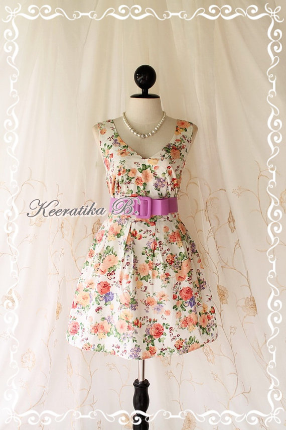 Lady Tea Dress - Sweet Cutie Glamorous Pale Floral Print Tea/sundress Spring Summer Collection V Neck Pleated Skirt